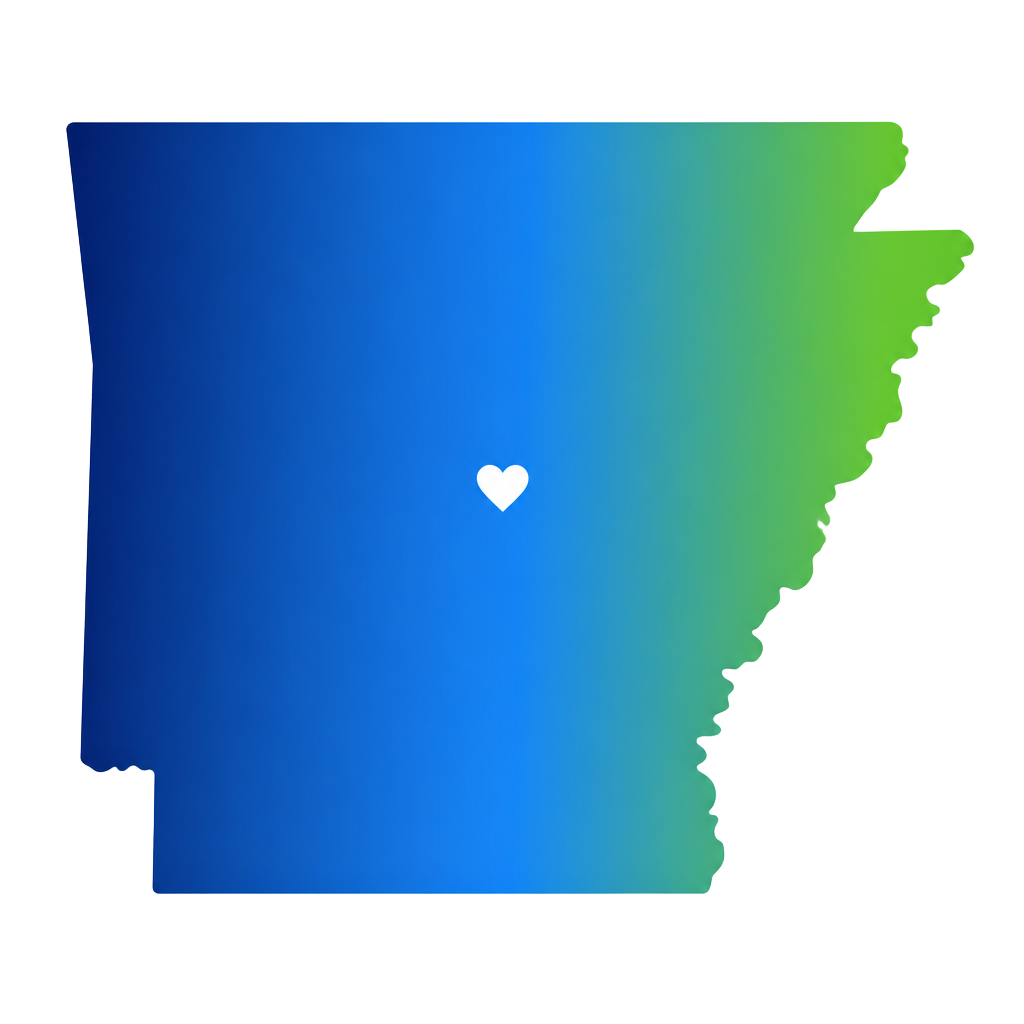Map outline of the state of Arkansas in blue and green brand colors