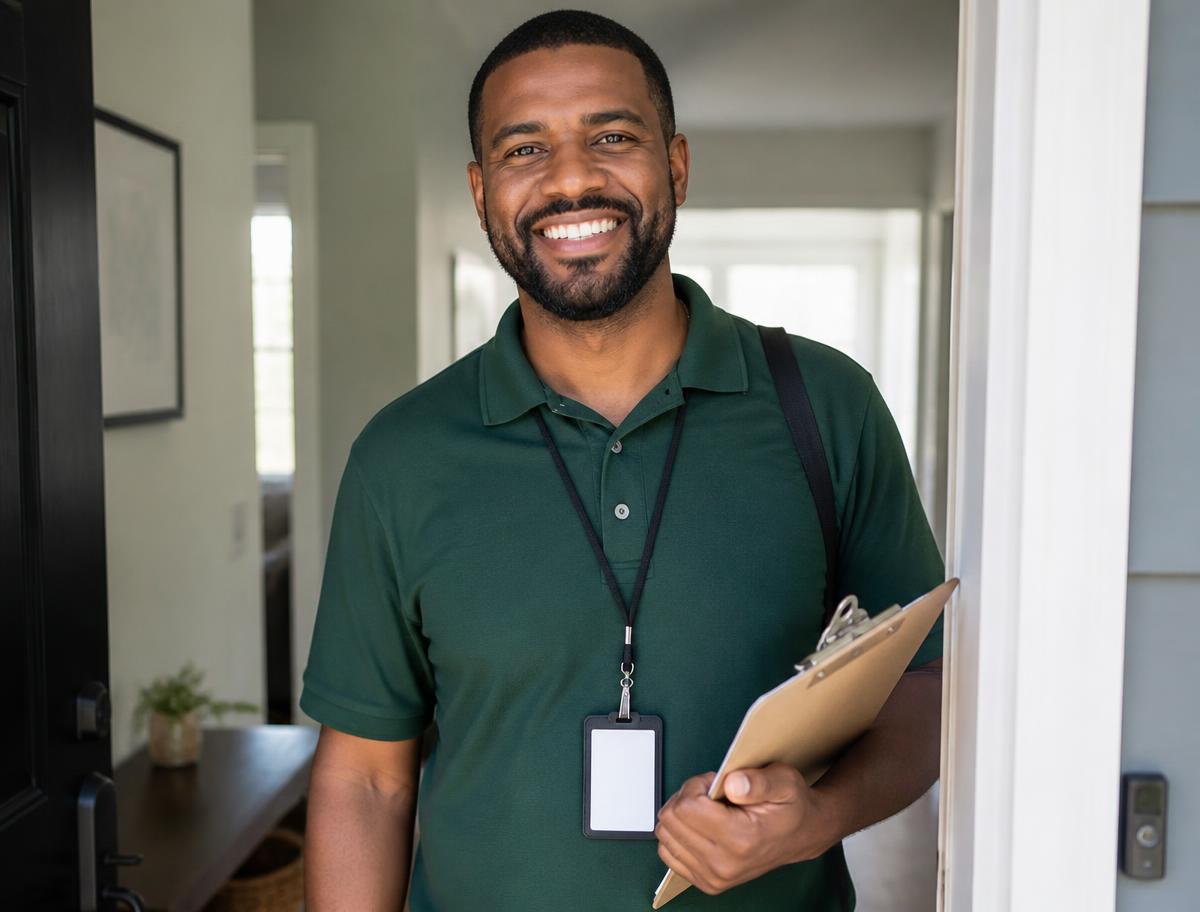 Smiling caregiver in a green polo shirt holding a clipboard in a home doorway