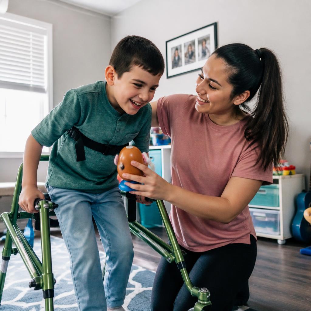 Caregiver helping a smiling young boy using a walker at home