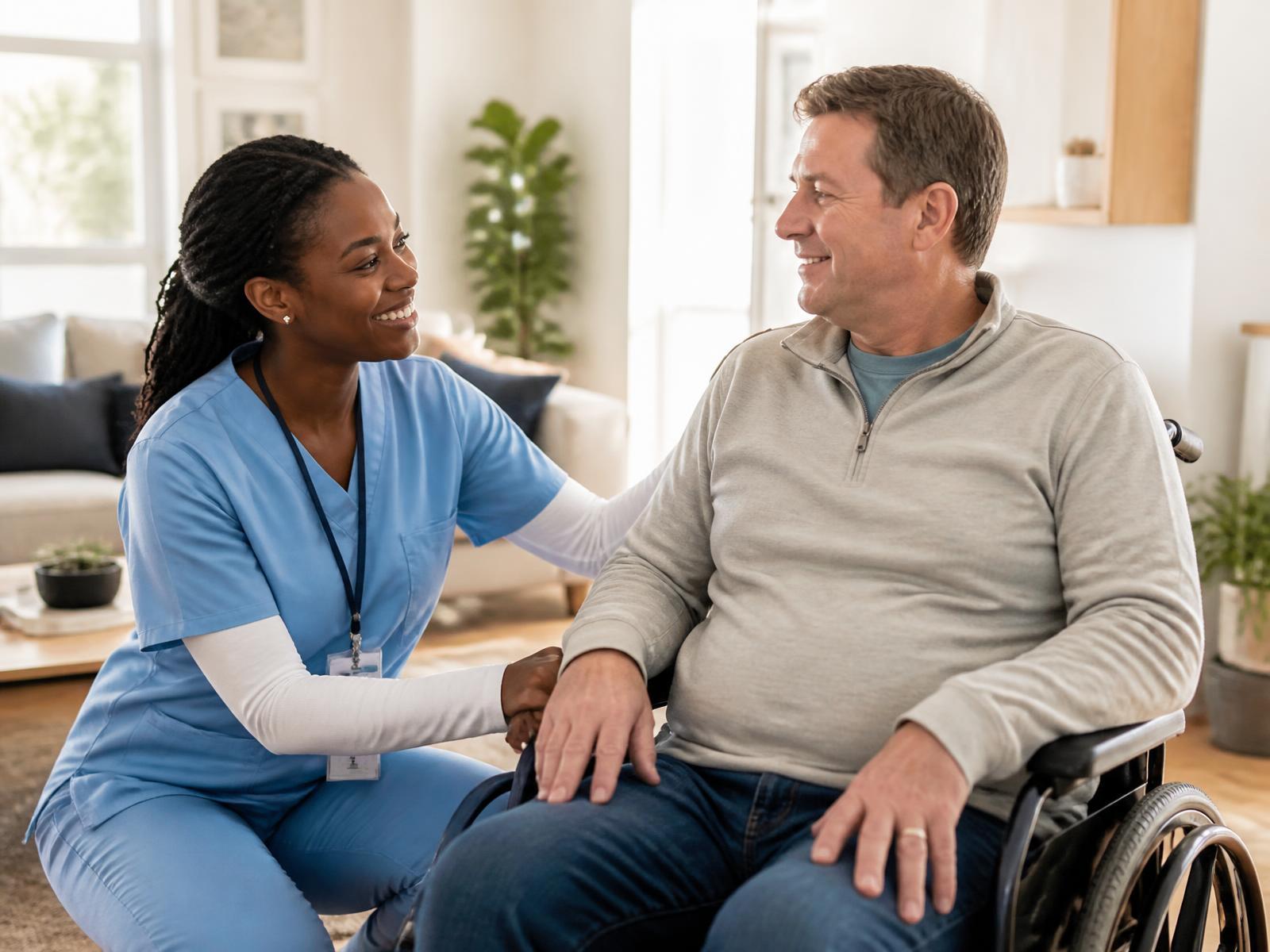 Caregiver in blue scrubs smiling with a man who uses a wheelchair in his living room