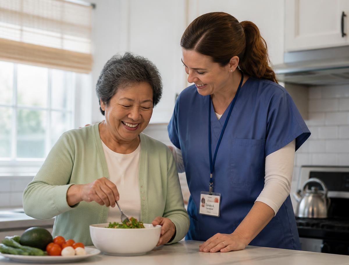 Caregiver assisting a senior woman preparing a meal in her kitchen