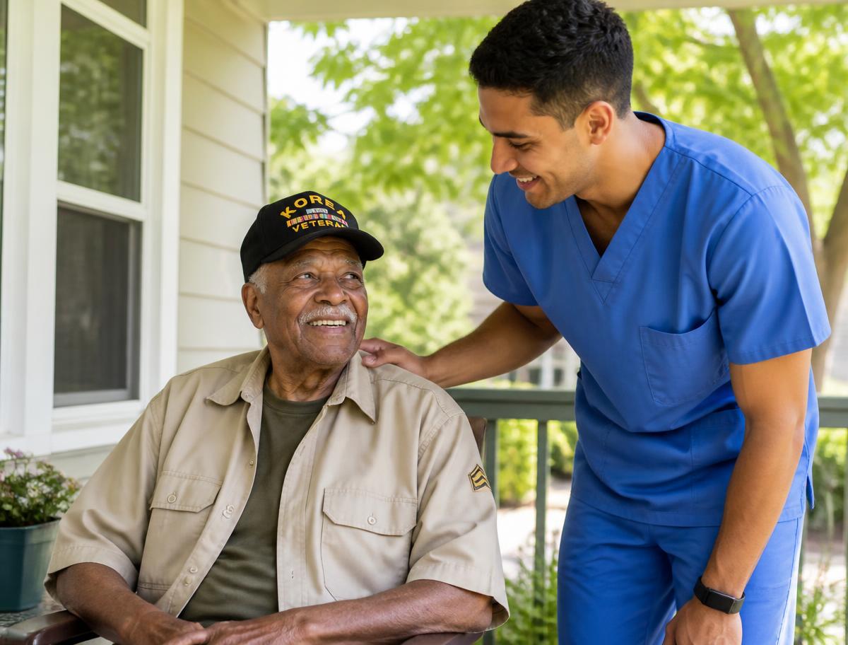 Caregiver visiting a smiling veteran on his front porch